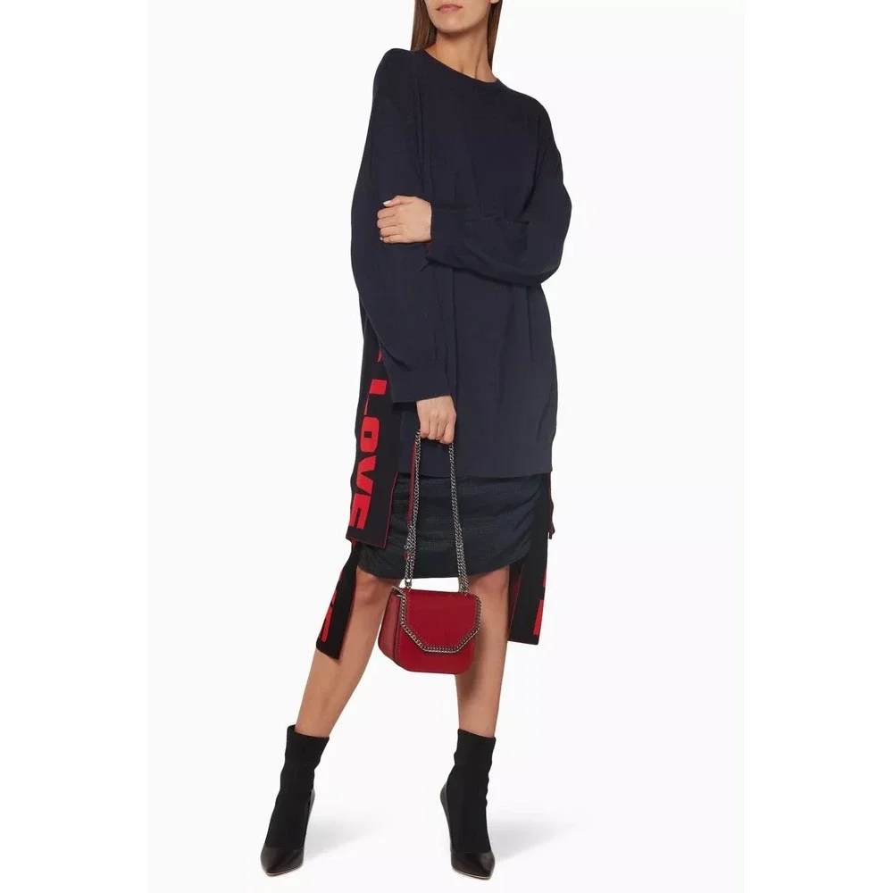 Stella McCartney All Is Love Micro Checked Ruched Grid Midi Skirt Navy Blue Red
